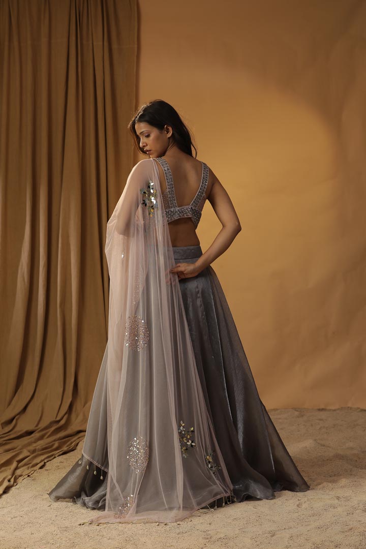 Image of GREY ORGANZA LEHENGA SET