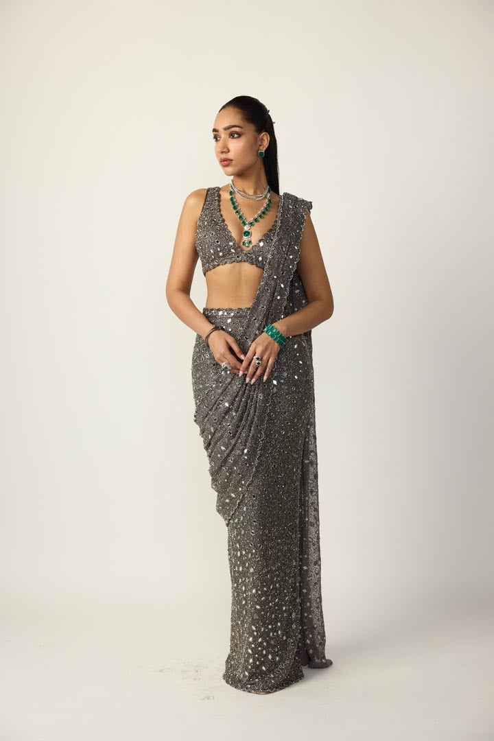 Metallic Grey Draped Saree Set