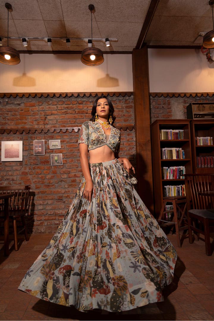 Grey Printed & Embroidered Lehenga Set