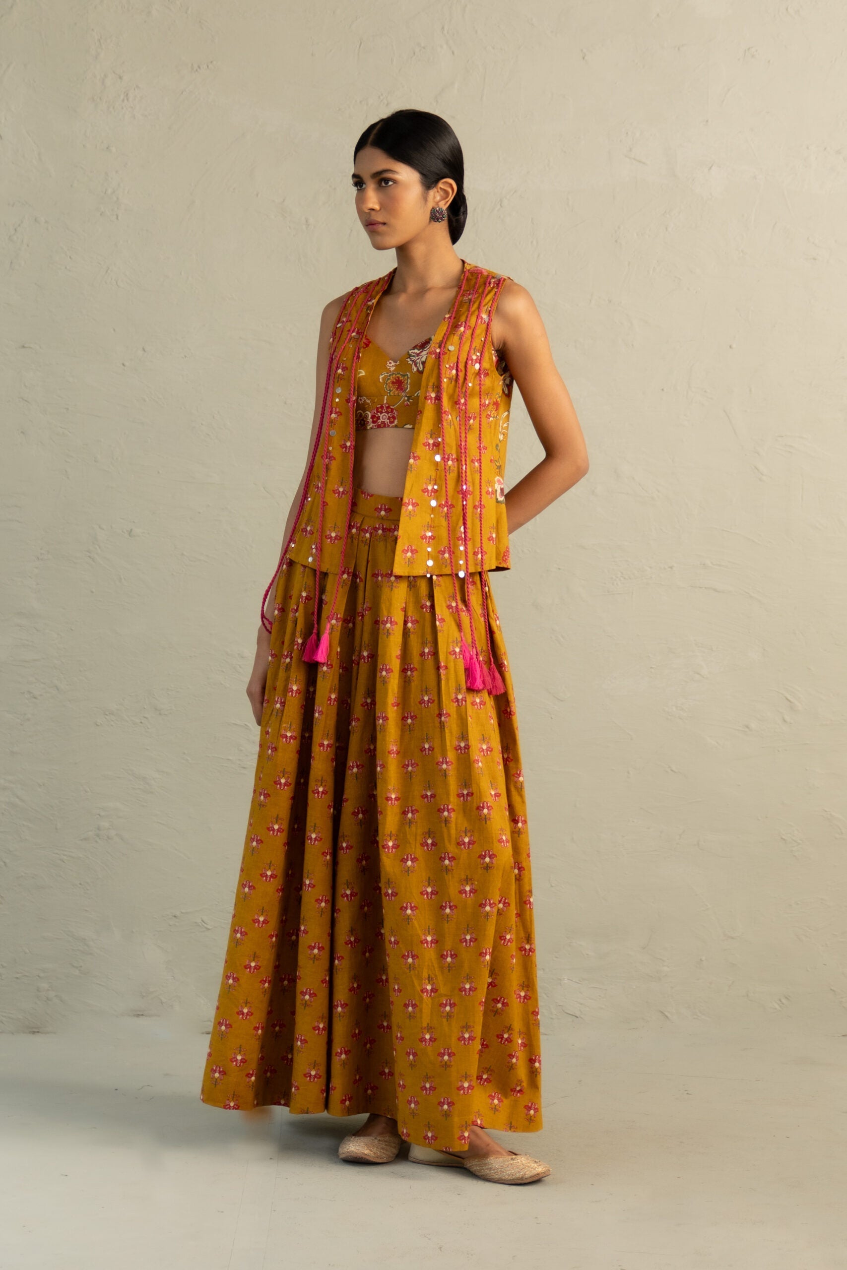 Mustard Phool Dori Coord Skirt Jacket Set