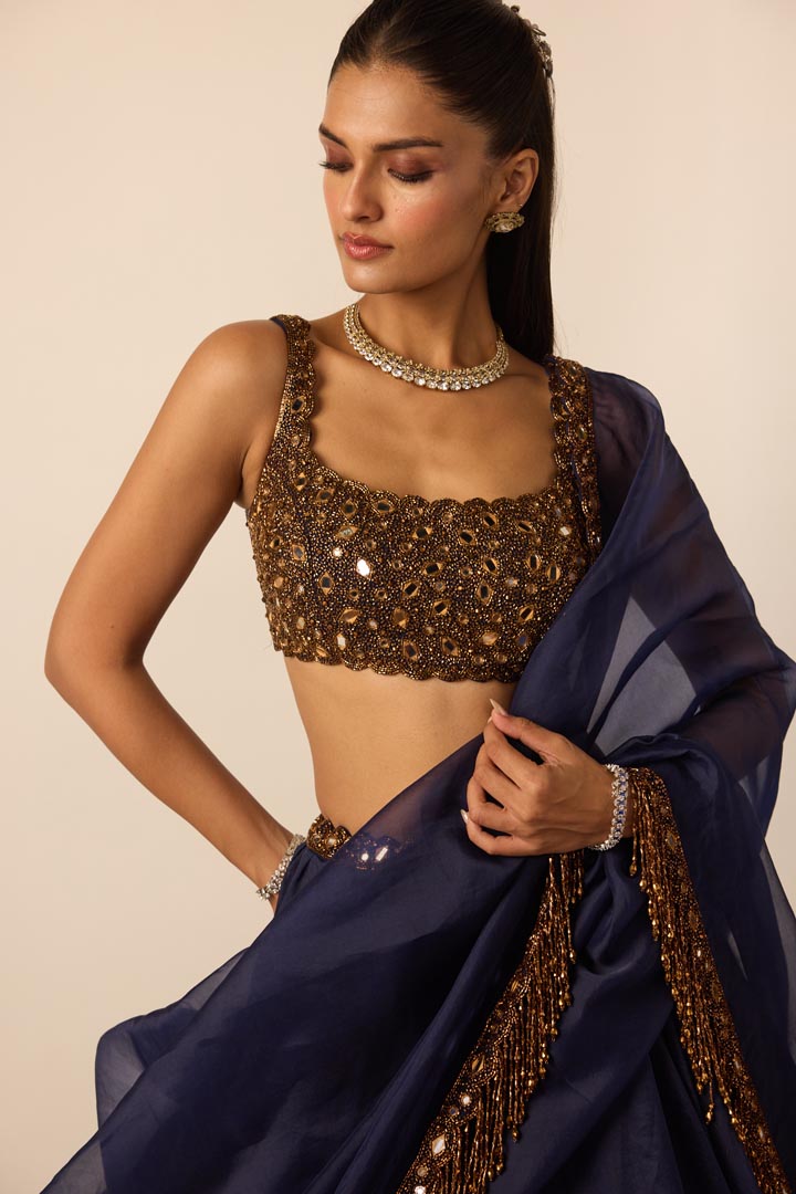 Deep Blue Tassel Dupatta Lehenga Set