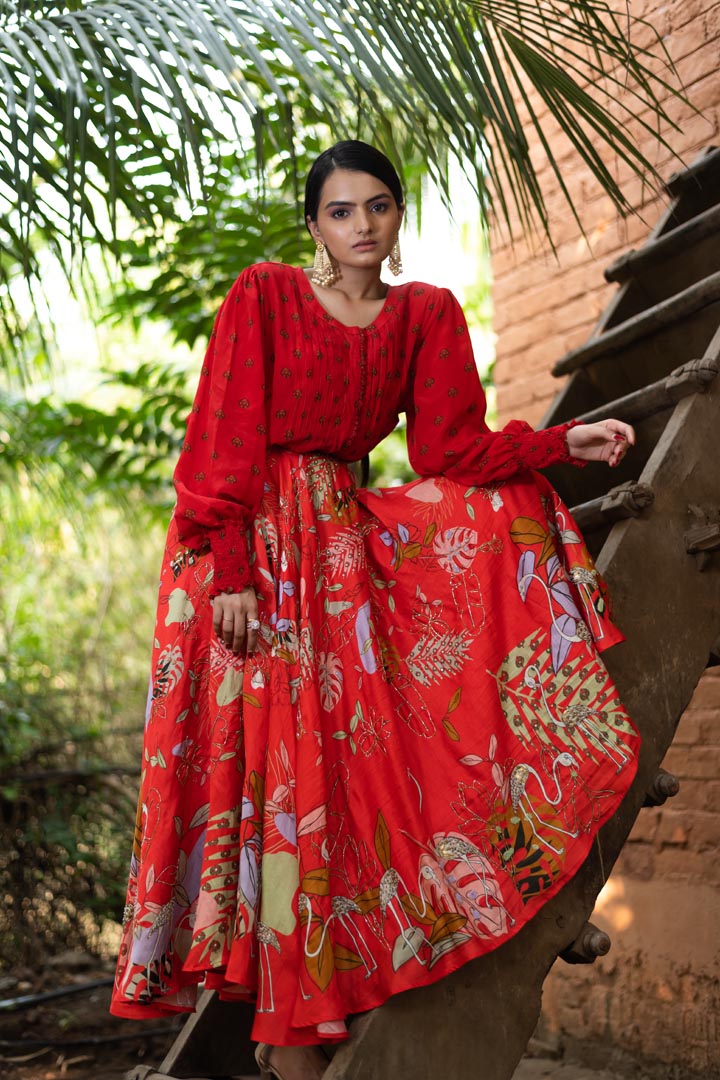 Red Embroidered Skirt Set