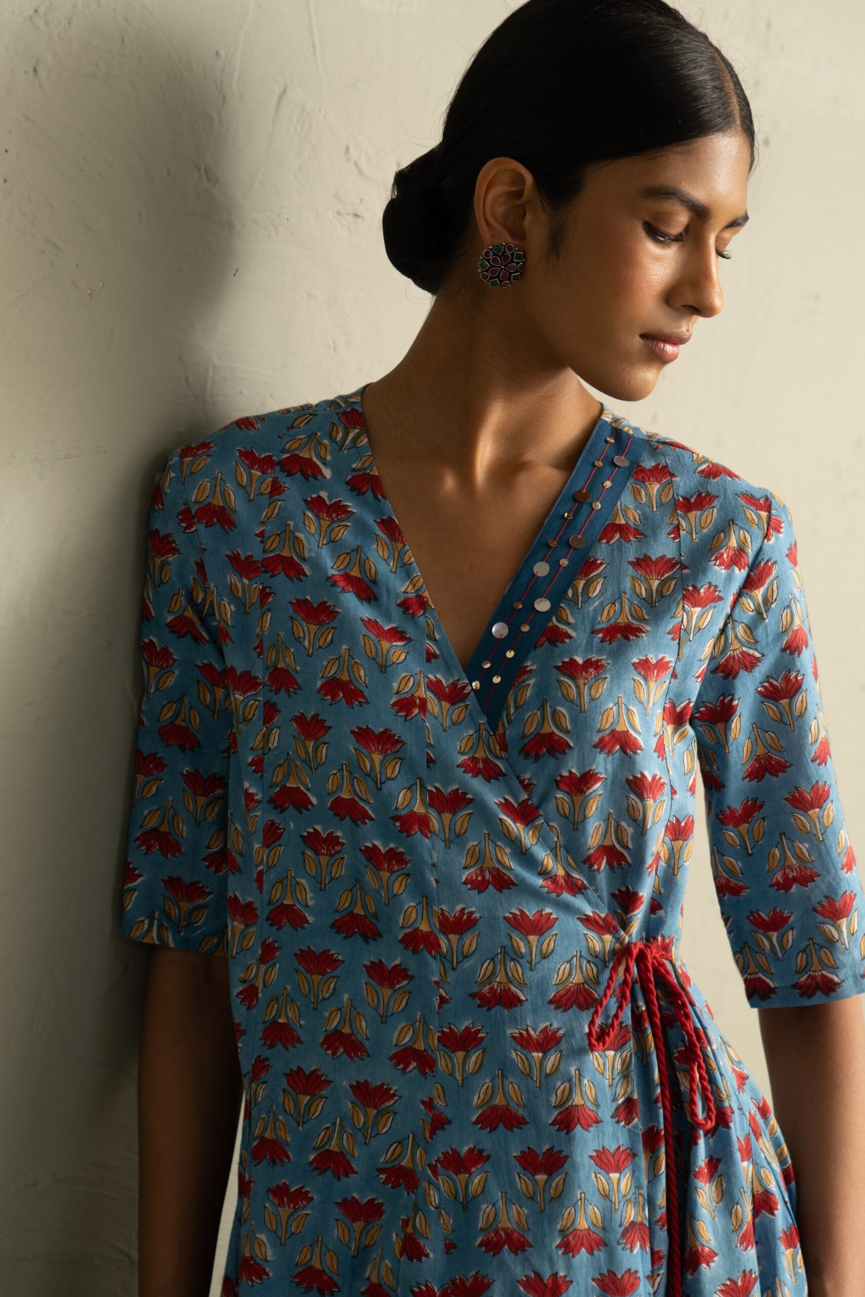 Blue Hand Block Wrap Around Dress