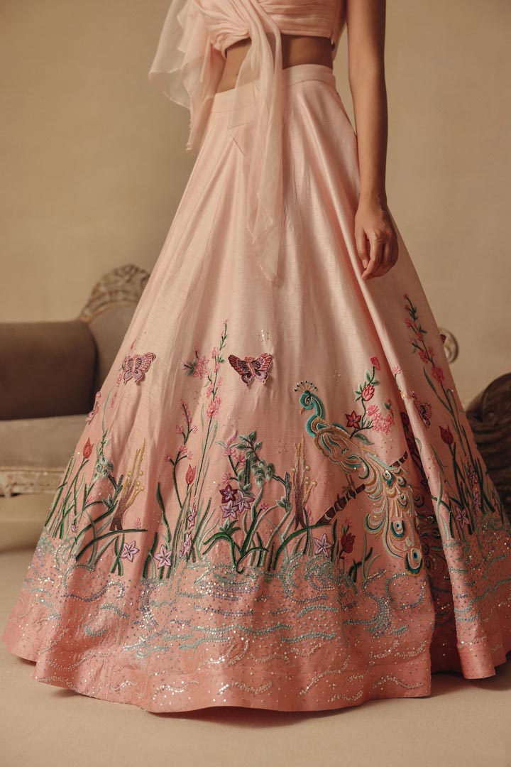 Pink Dreamy Hand Embroidery with Drape Blouse Lehenga