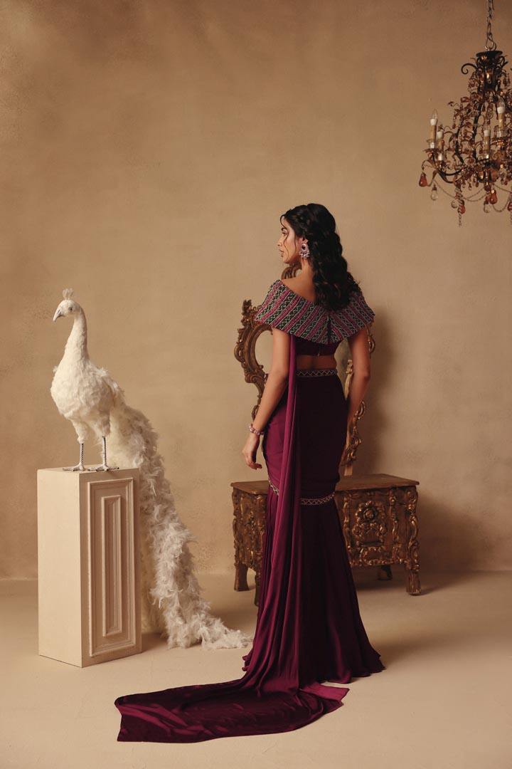Wine Hand Embroidery Saree with Drape Skirt