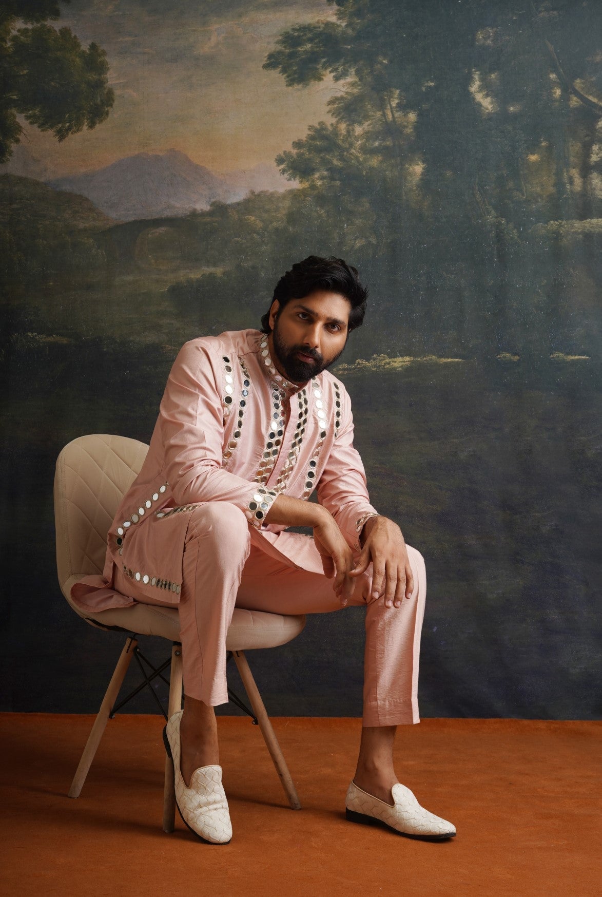 clay pink full hand embroidred mirror work kurta set