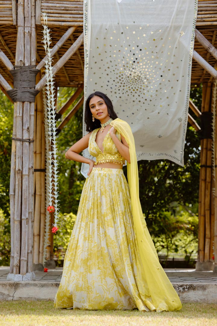 Olive Yellow Viscose Georgette Digital Printed Gathered Lehenga Set