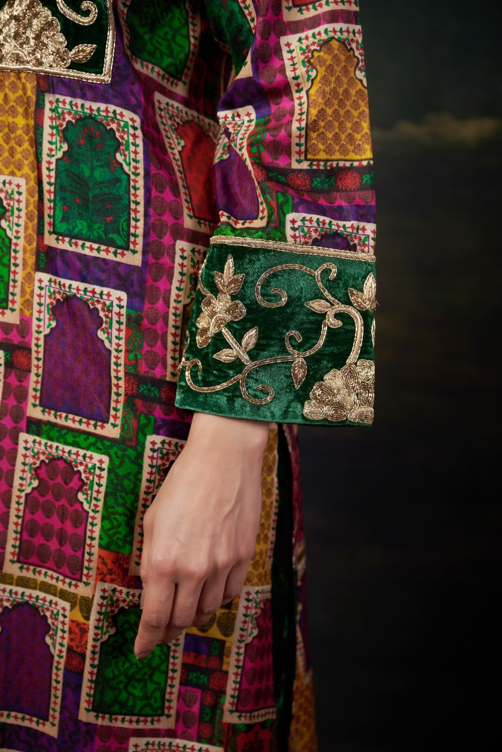 Hand-Embroidered Jharoka Print Green  Kurta Set