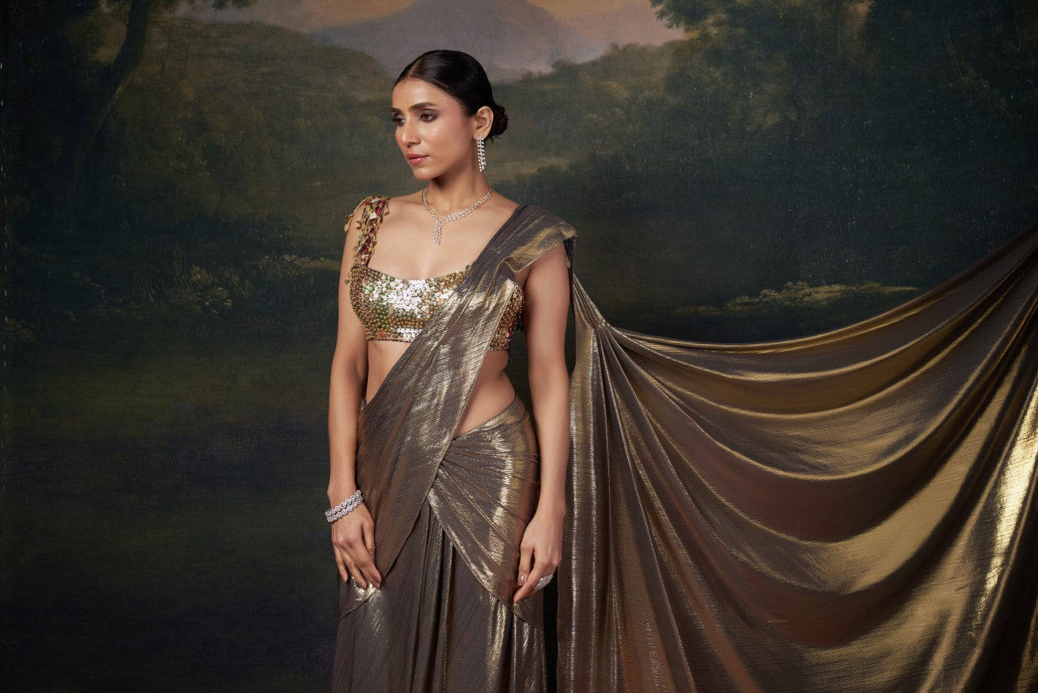Heavy Hand-Embroidered Blouse with Pre-Draped Gold Saree