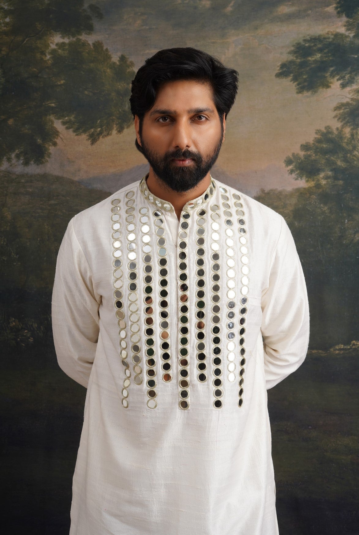 Hand embroidered ivory Mirror Work Kurta with Matching pant