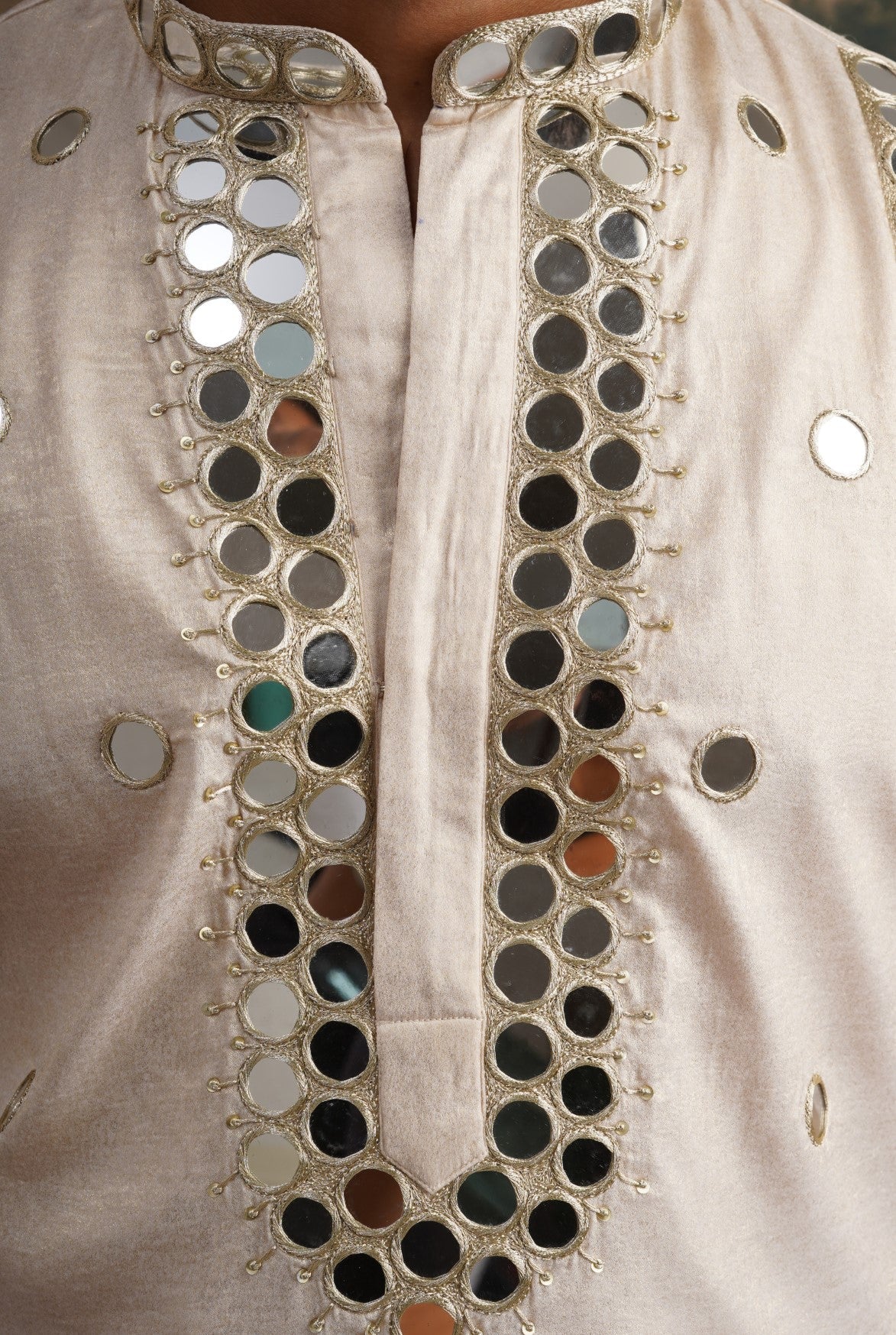 Ivory gold hand embroidred round mirror work kurta set