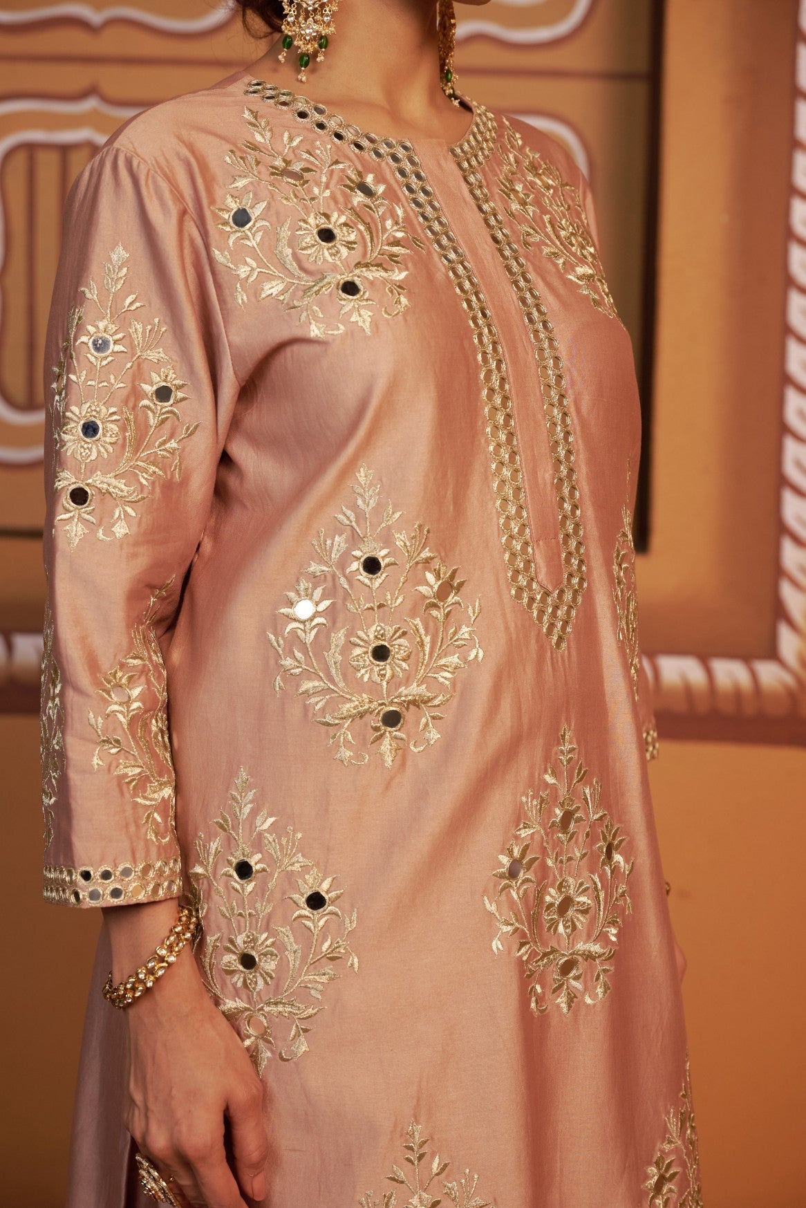 Maati - Onion pink jari buttis with mirror work kurta set