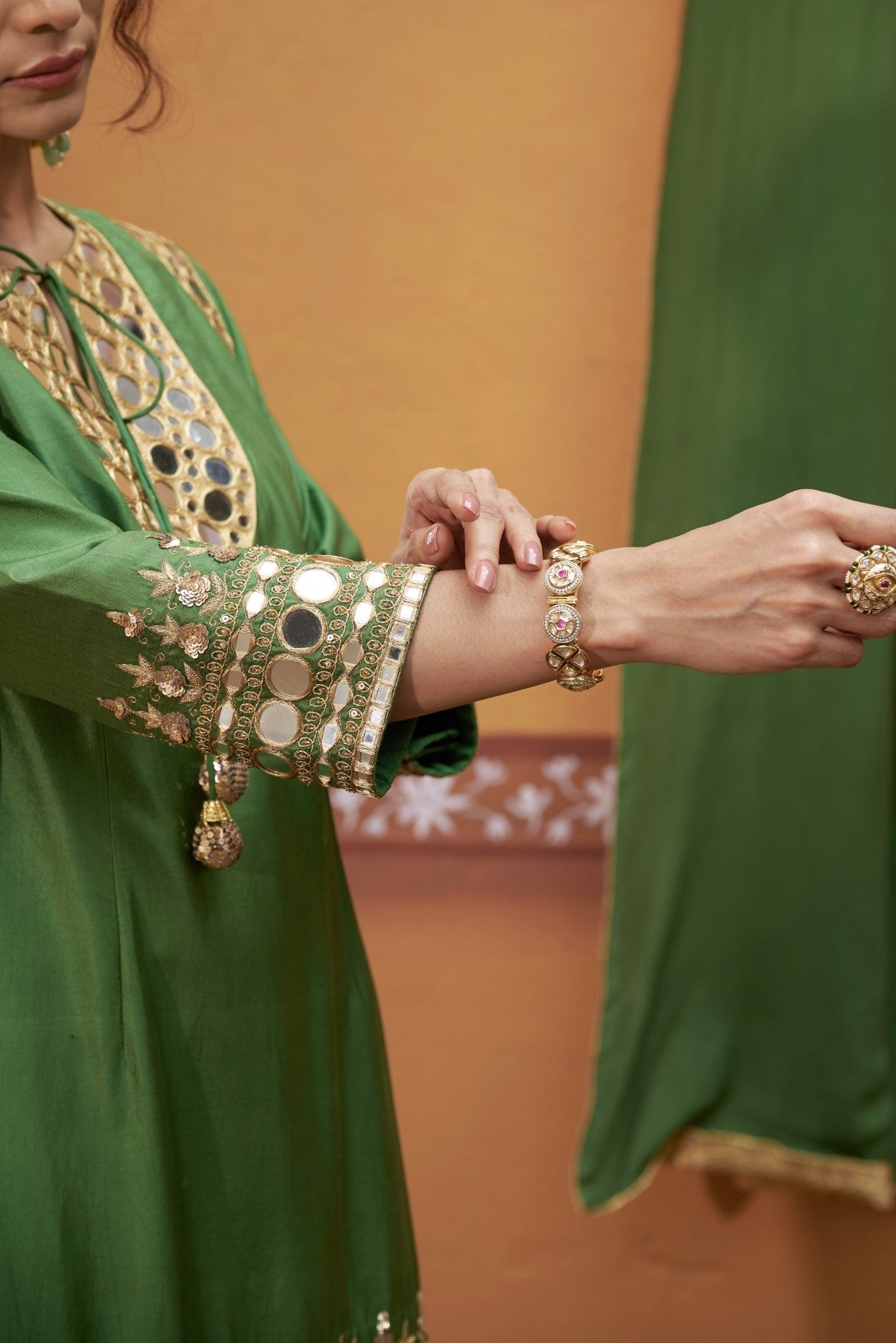 mirror work hand embroidry  green kurta set