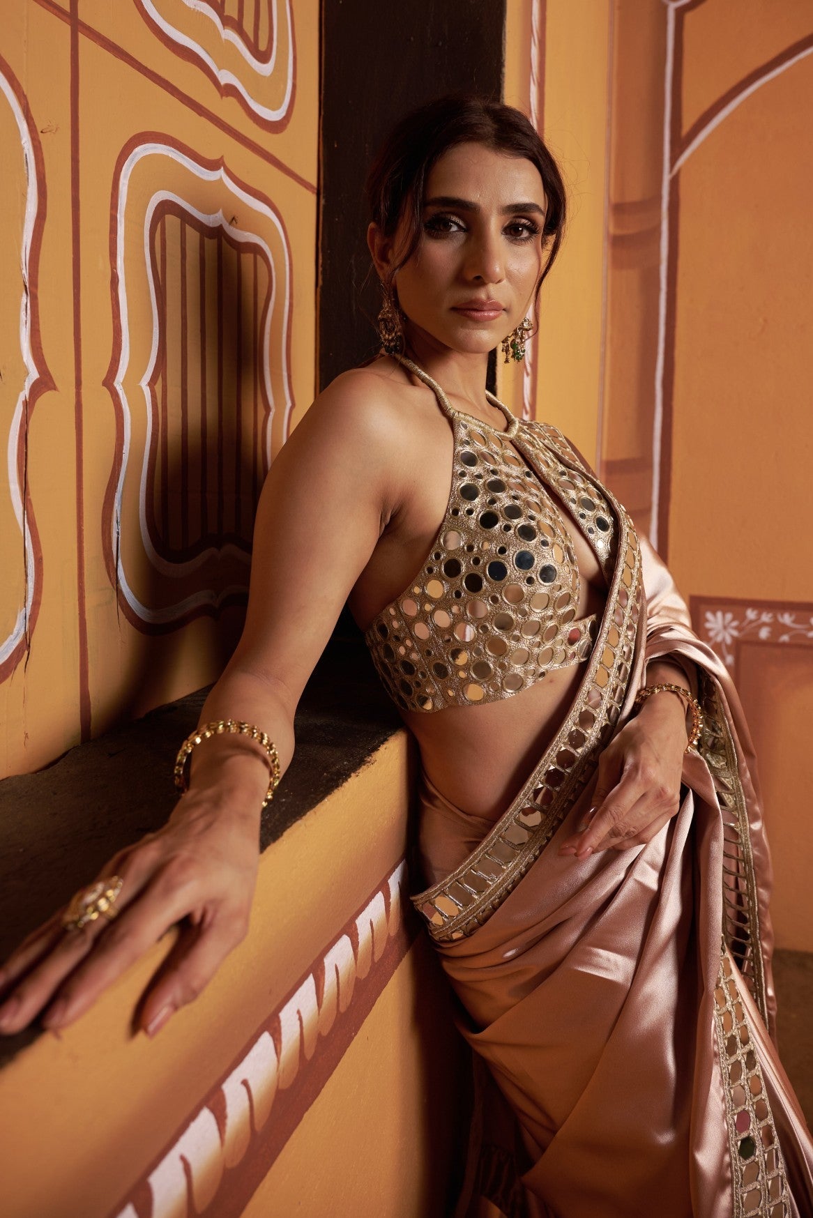 Clay tone fully hand embroidered blouse with mirror work border saree