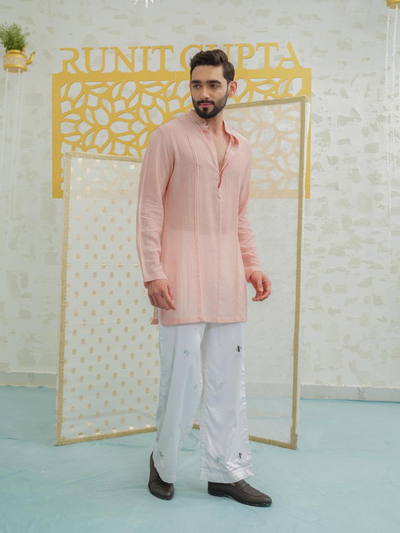 Pleat Pink kurta with Embroidered Pants