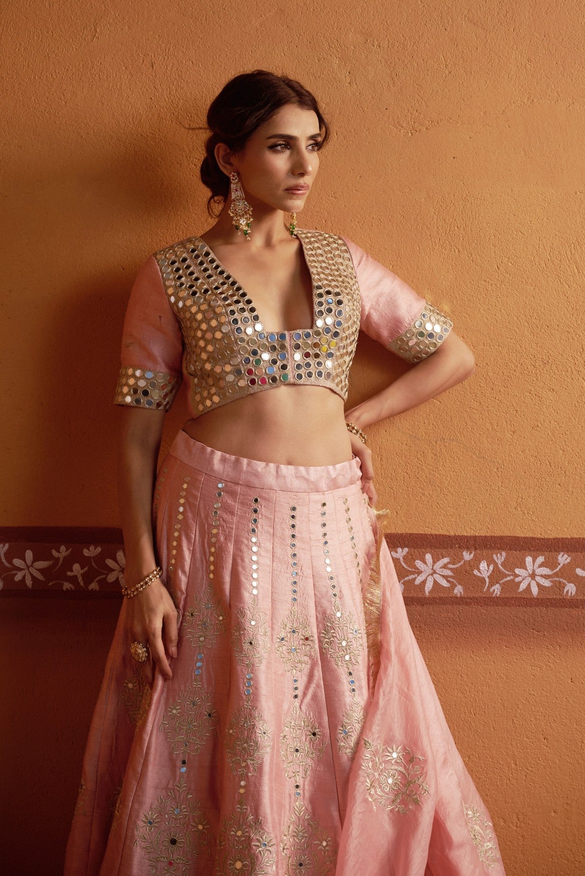 Kalidar blush pink hand embroidered lehenga with blouse and dupatta