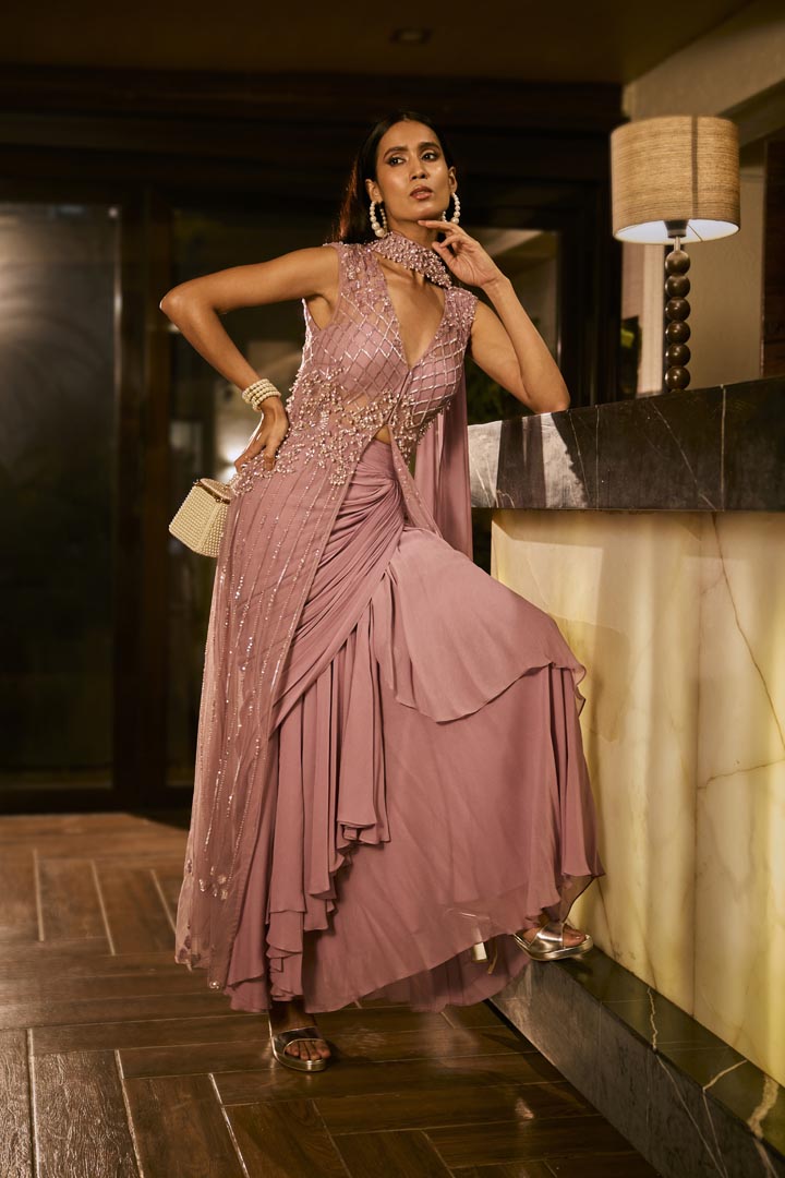 Lilac embellished cape with attached bralette and draped skirt