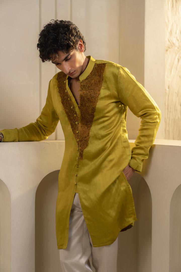 gold Moss linen silk kurta set