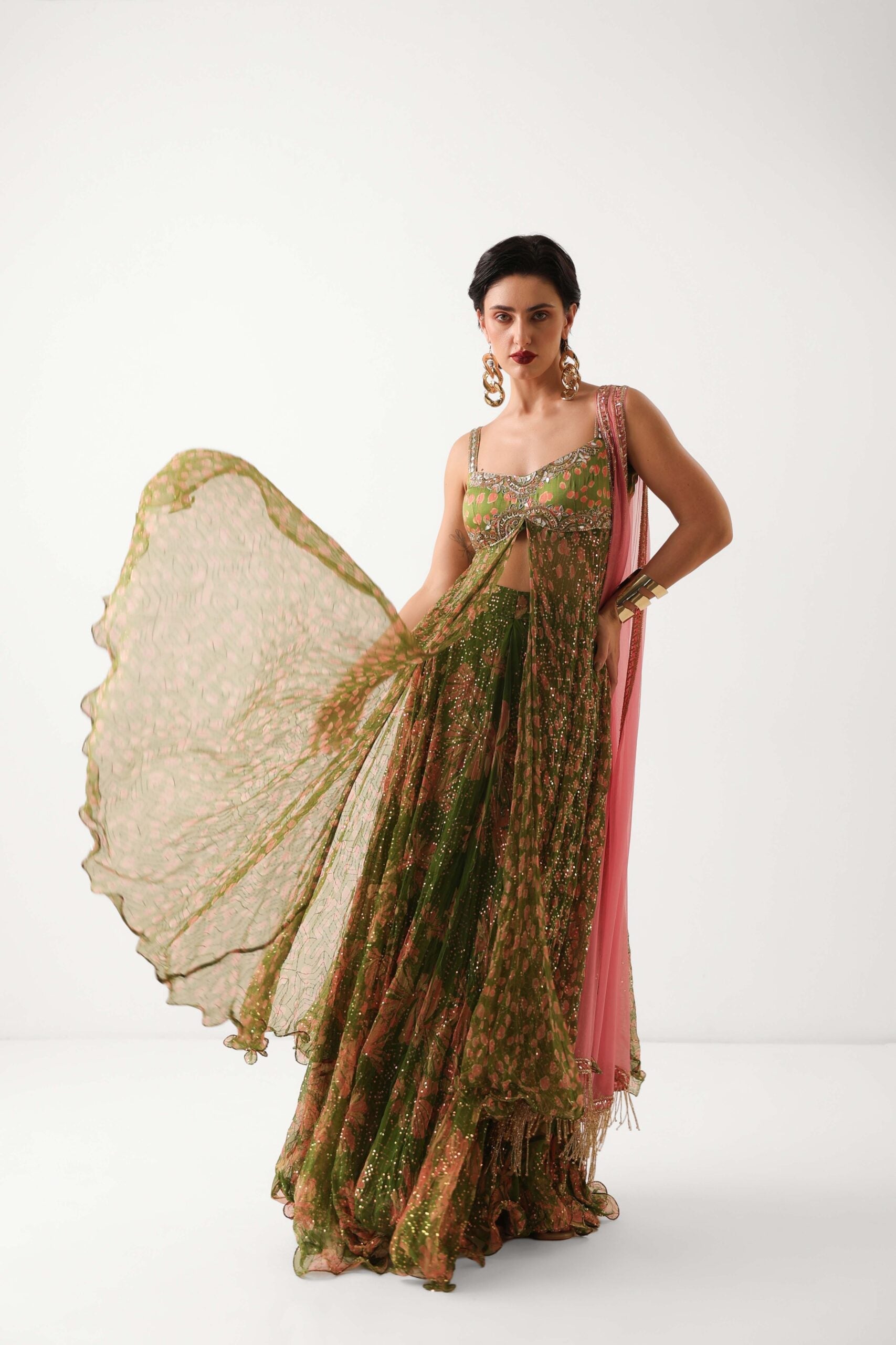 The Calcutta Mehendi set       in avacado green with gulabi dupatta