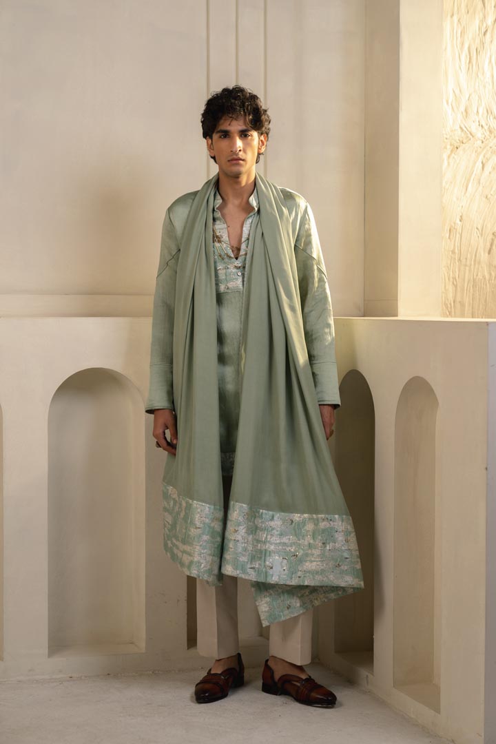 Mint Green Linen Silk Kurta Set with dupatta