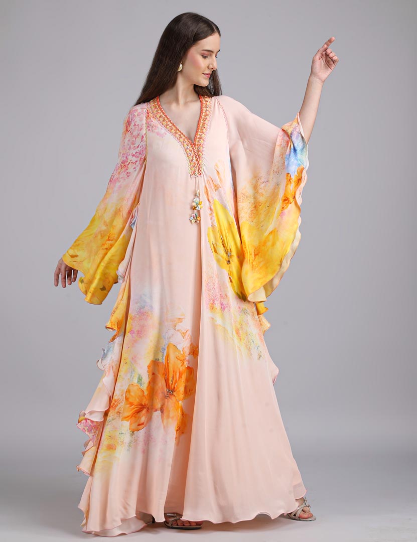 Peach Floral Faux Printed Kaftan Dress