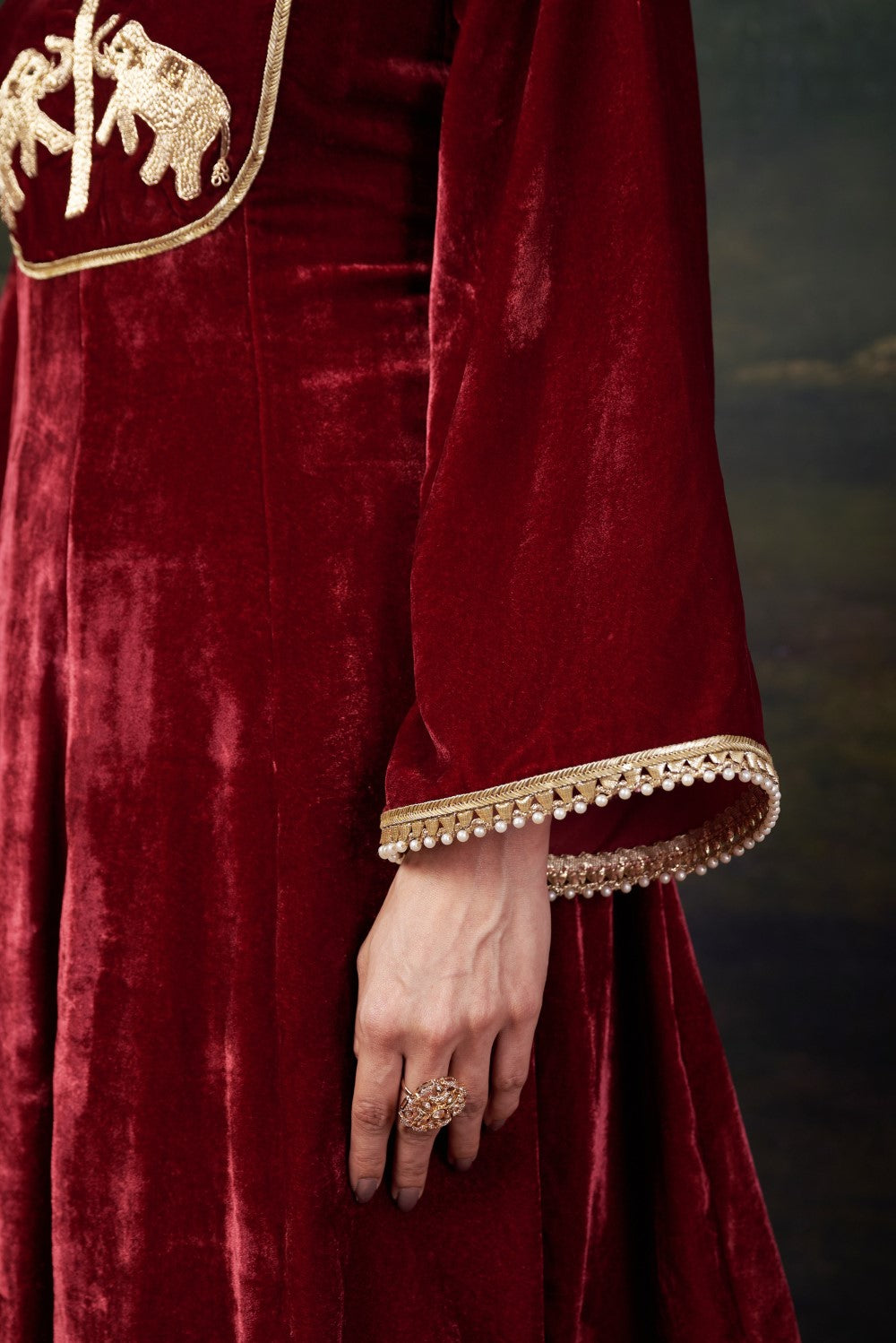 Hand-Embroidered Velvet Red Kalidar Anarkali Set