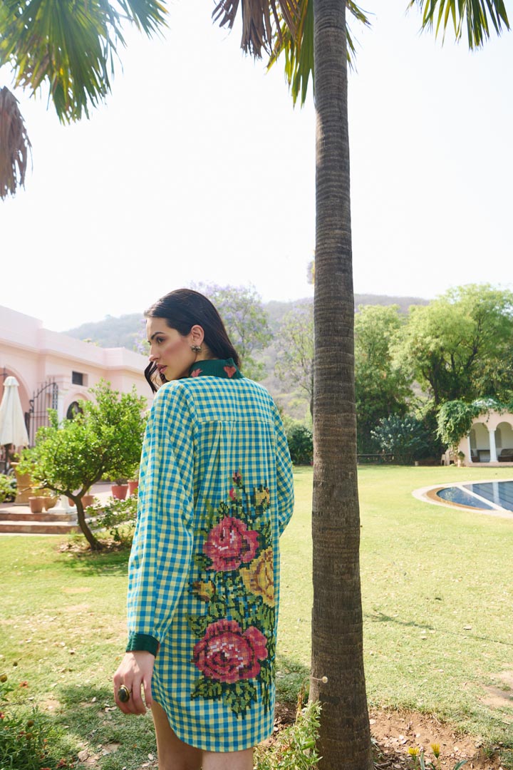 LAYLA GREEN CROSSS STITCH SHIRT DRESS