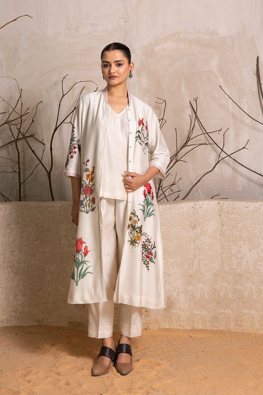 Ivory Silk Chanderi Floral Printed Front Open Dress (1 PC)