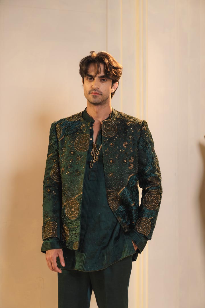 Forest Green hand embroidered short jacket set