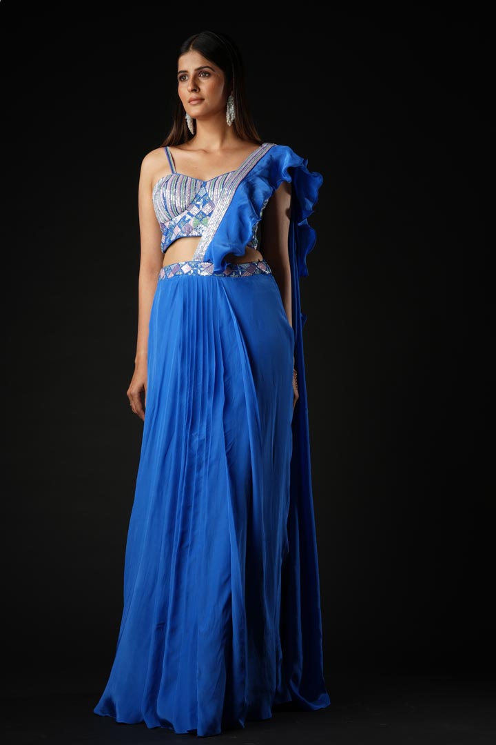 Cobalt Blue Viscose Ruffled Drape Saree Set