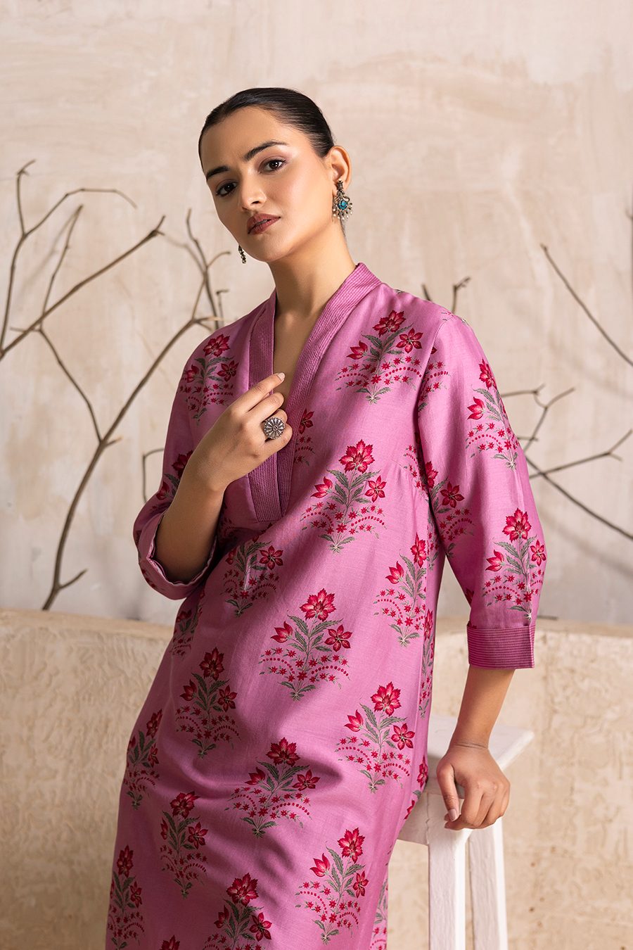 Salmon Pink Silk Chanderi Floral Boota Printed Tunic (1 PC)