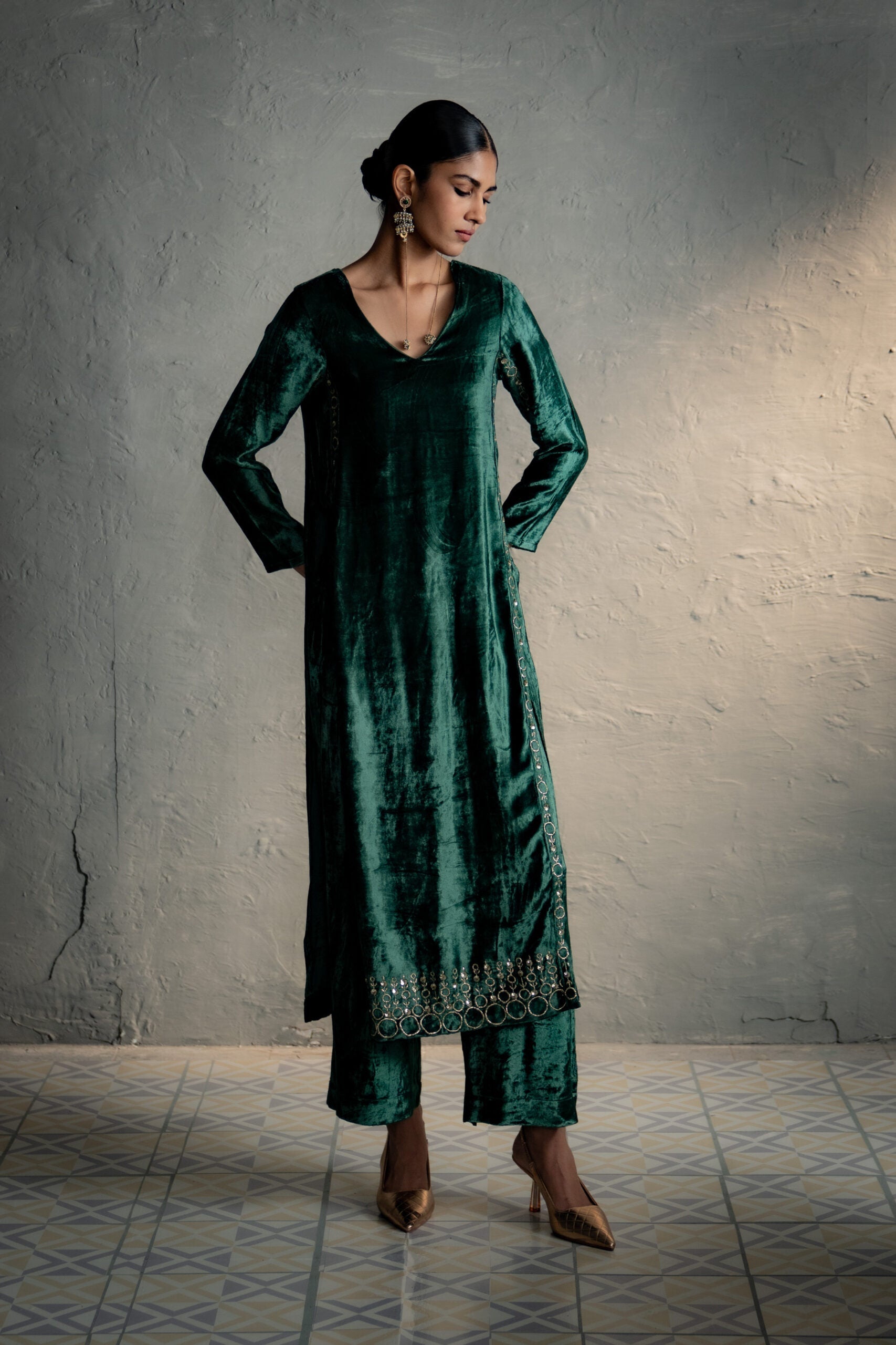 Velvet Green Kurta Set