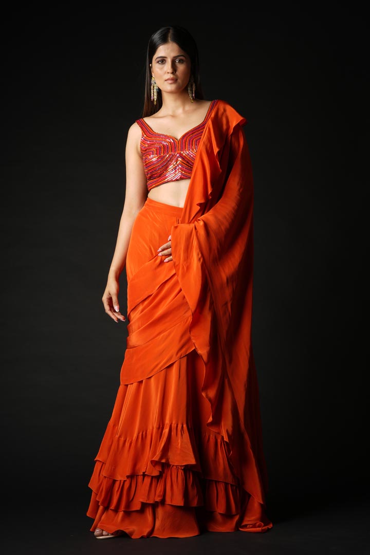 Rust Viscose Ruffled Saree Set