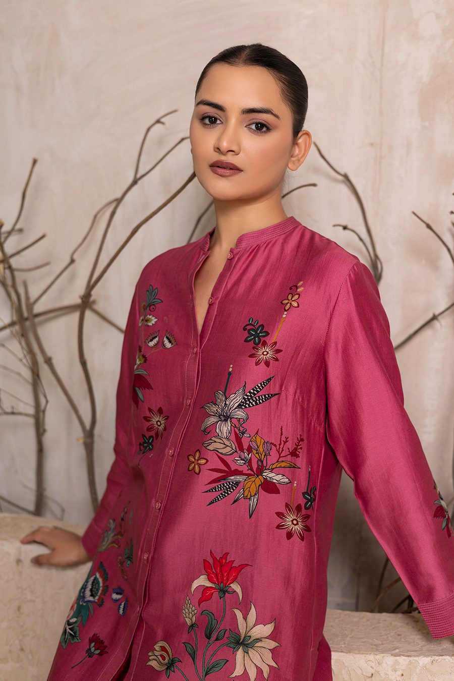 Old Rose Silk Chanderi Printed Shirt Style Tunic (1 PC)