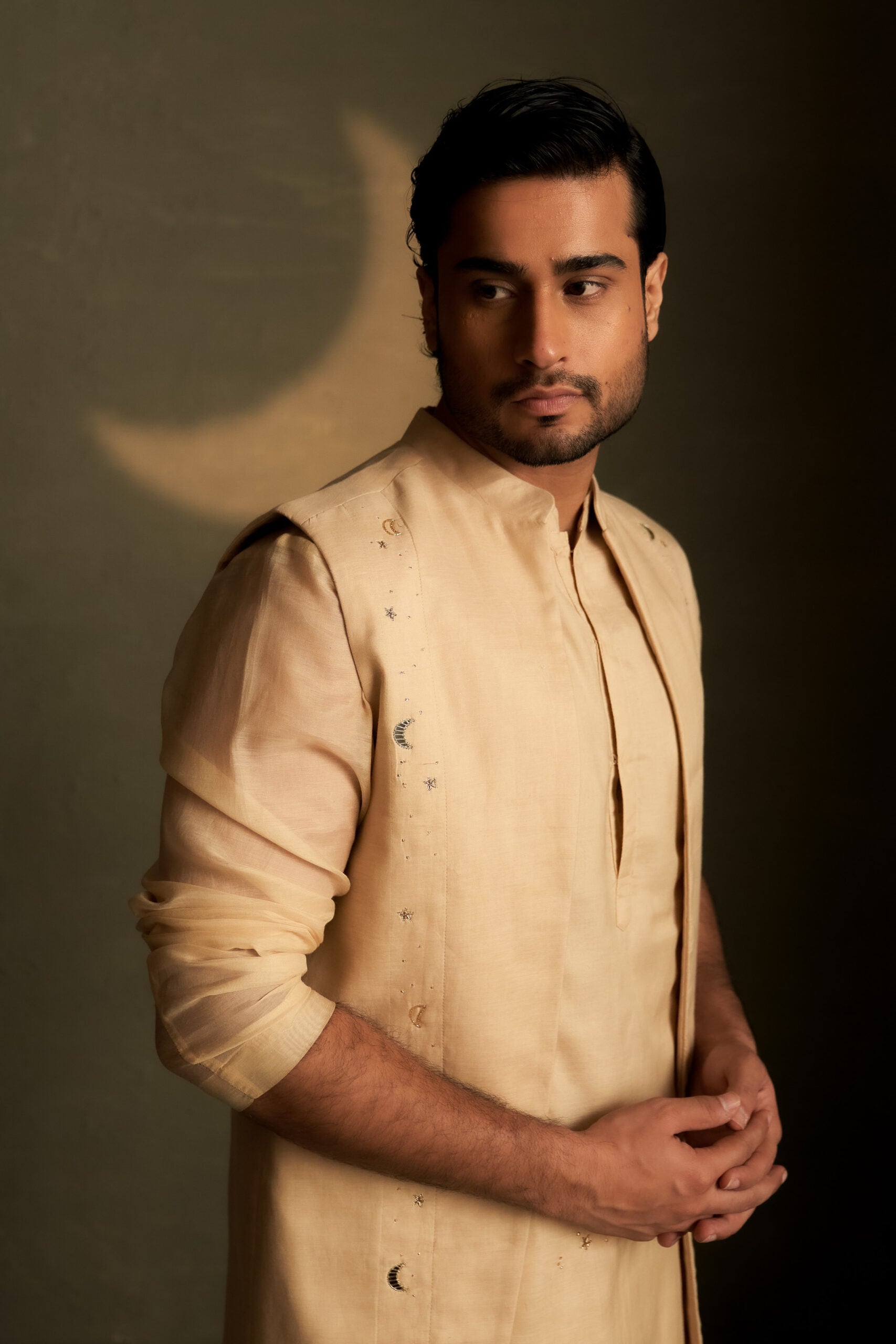 Golden Beige Long Kurta Set with Long Jacket