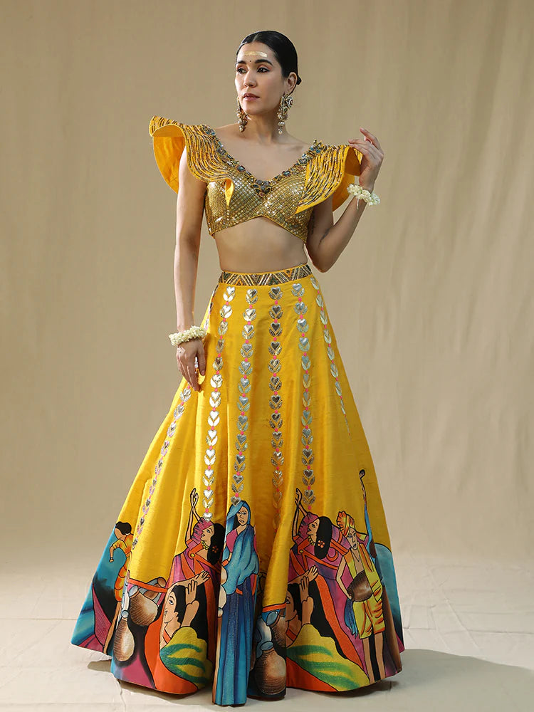 yellow modern baraat lehnga set
