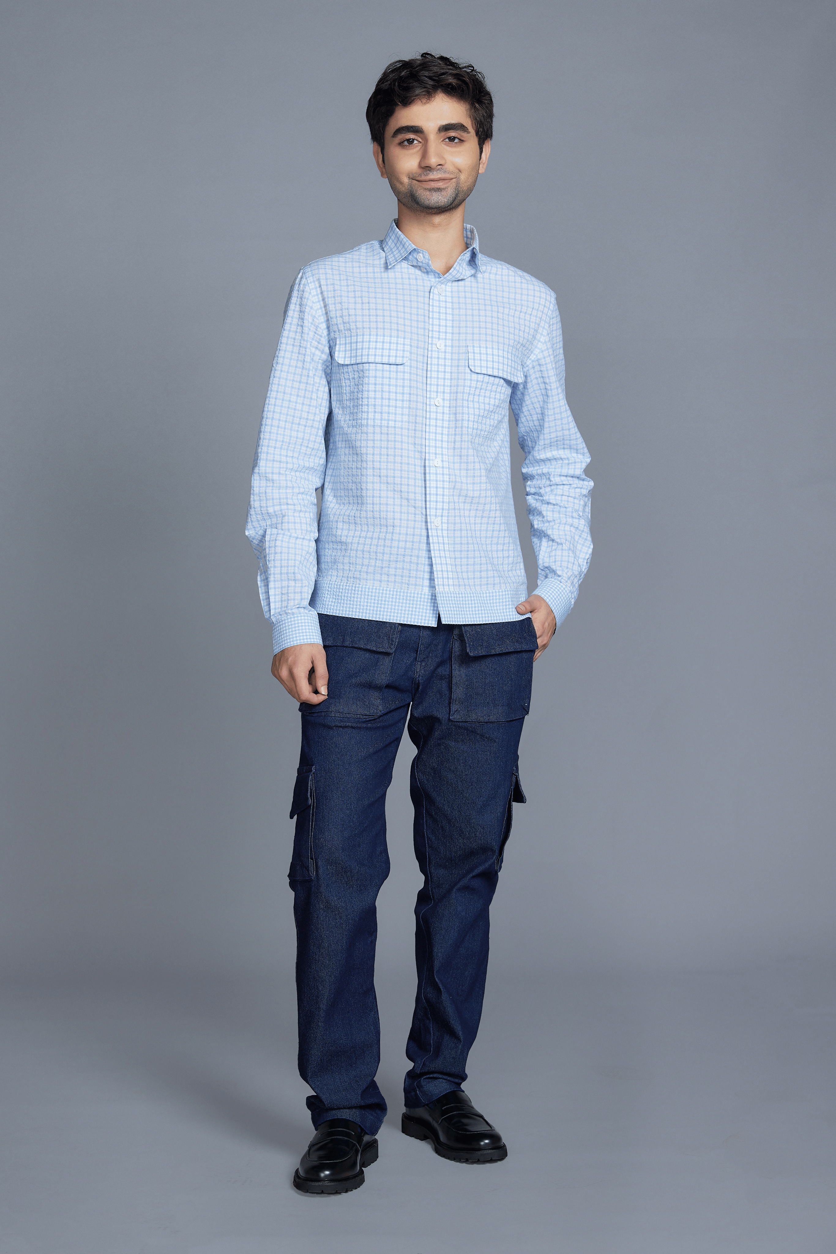White & Light Blue Cotton Checkered Shirt