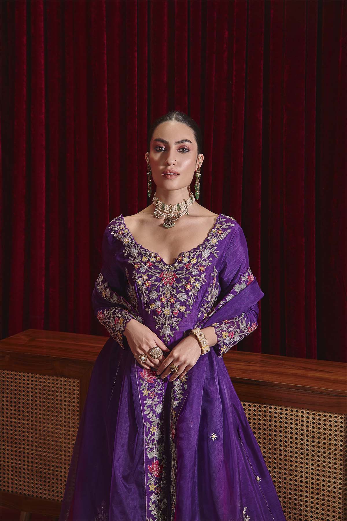 Naira Purple Embroidered Anarkali Set in Structured Dupion Silk