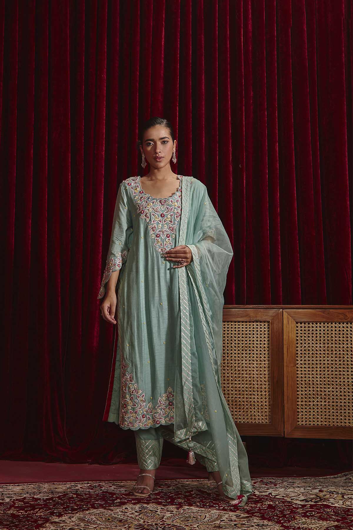 Sea Green Embroidered Dupion Silk Kurta Set with Organza Dupatta
