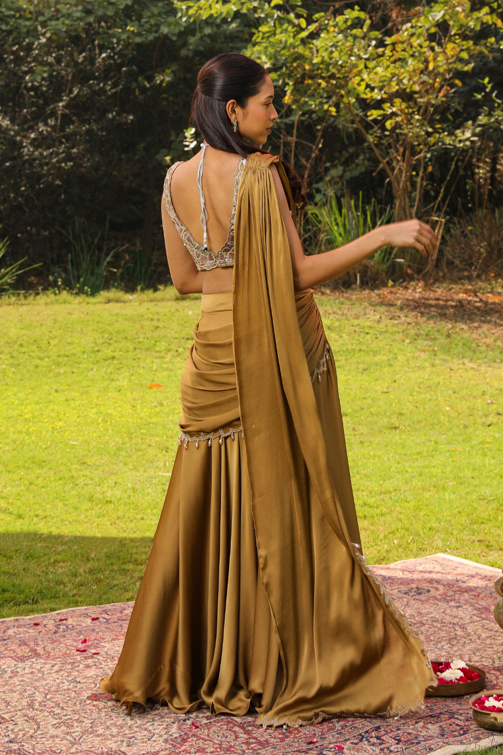 Honey Gold Karishma Pre-Draped Sharara Saree with Dori Embroidery