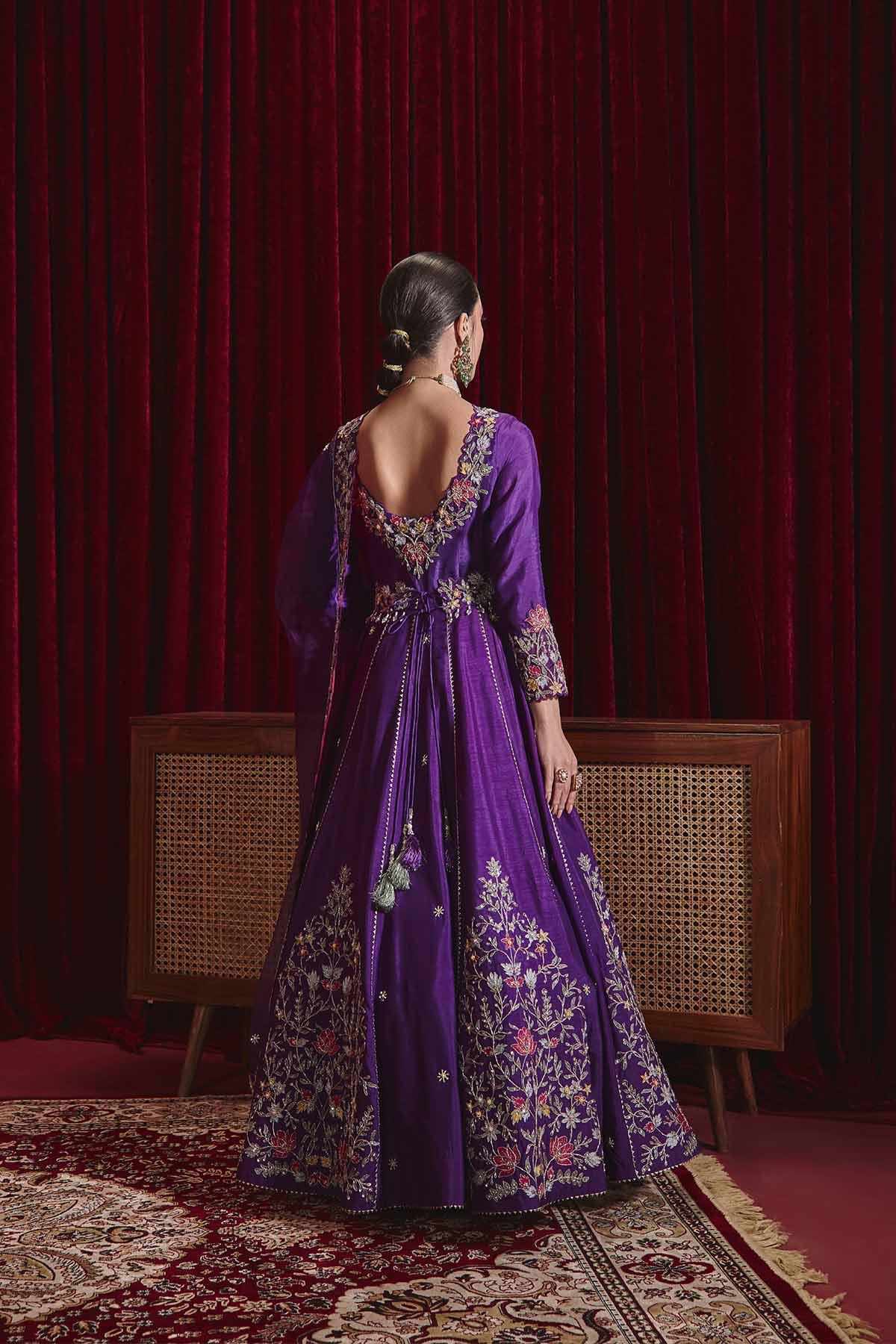 Naira Purple Embroidered Anarkali Set in Structured Dupion Silk