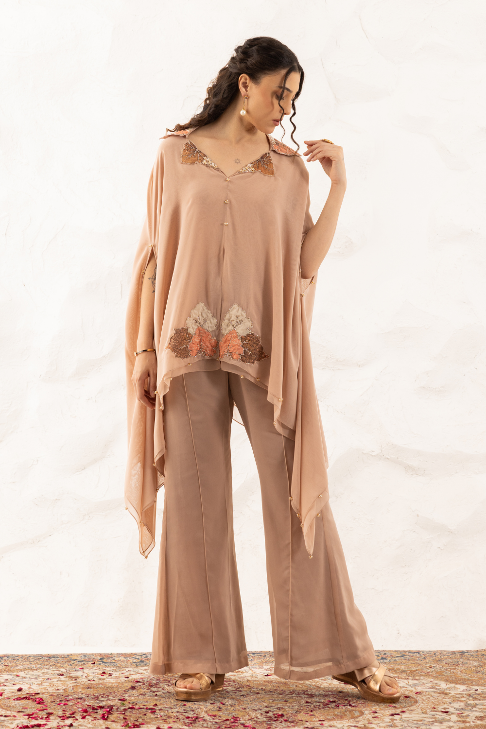 Avni Co-ord Set - Elegant Georgette Embroidered Cape and Flared Pants