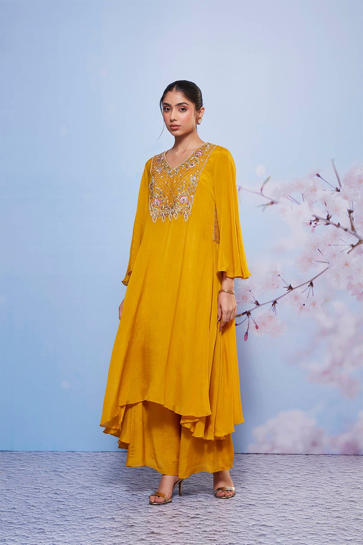 Chakori Mustard Asymmetrical Chiffon Kurta Set with Embroidery