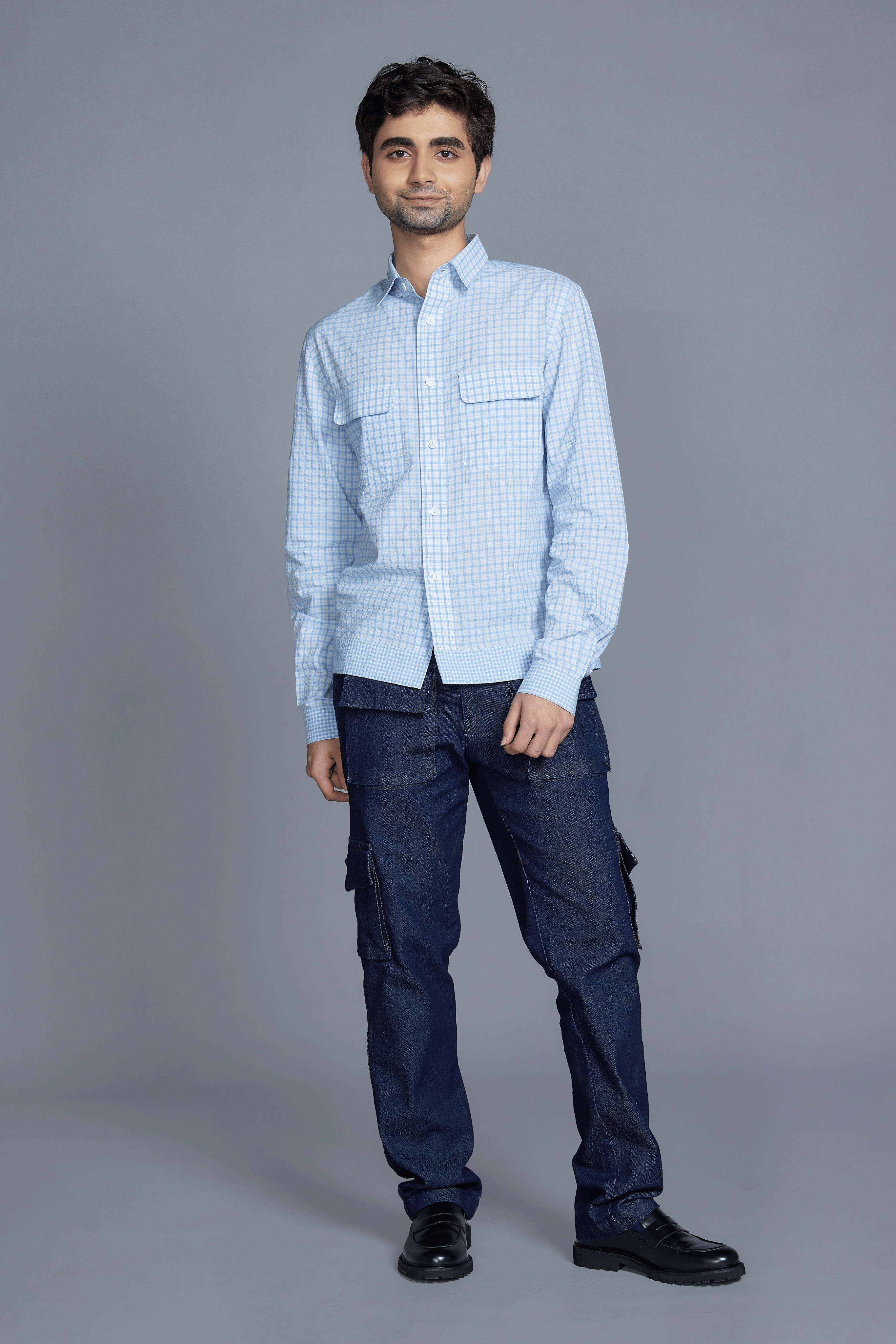 White & Light Blue Cotton Checkered Shirt