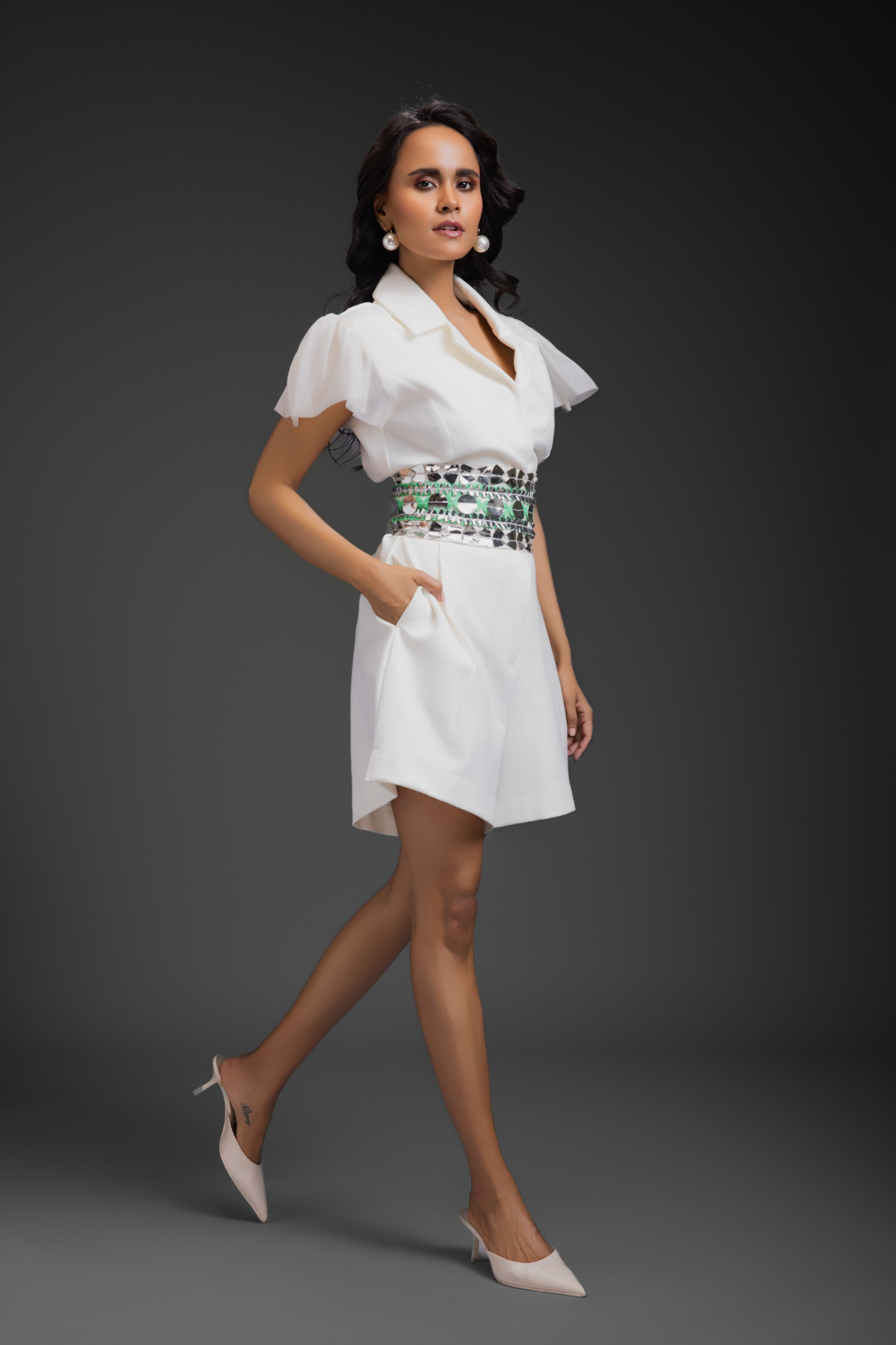 White Playsuit With Belt