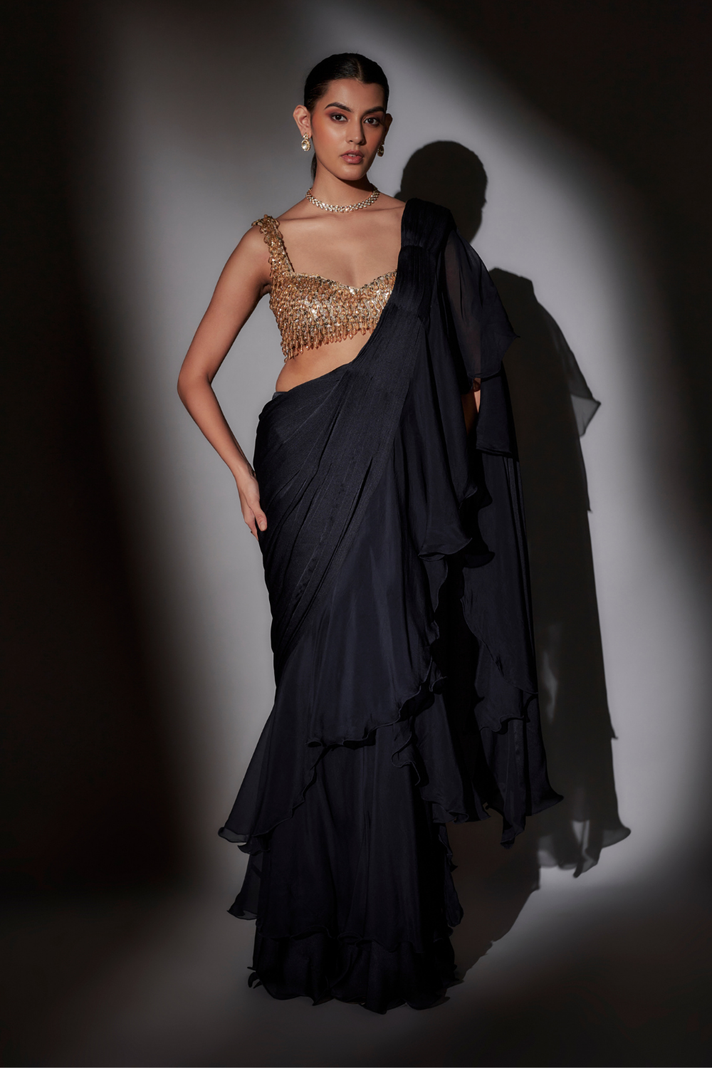Navy Blue Shaina Pre-Draped Saree with Crystal Blouse