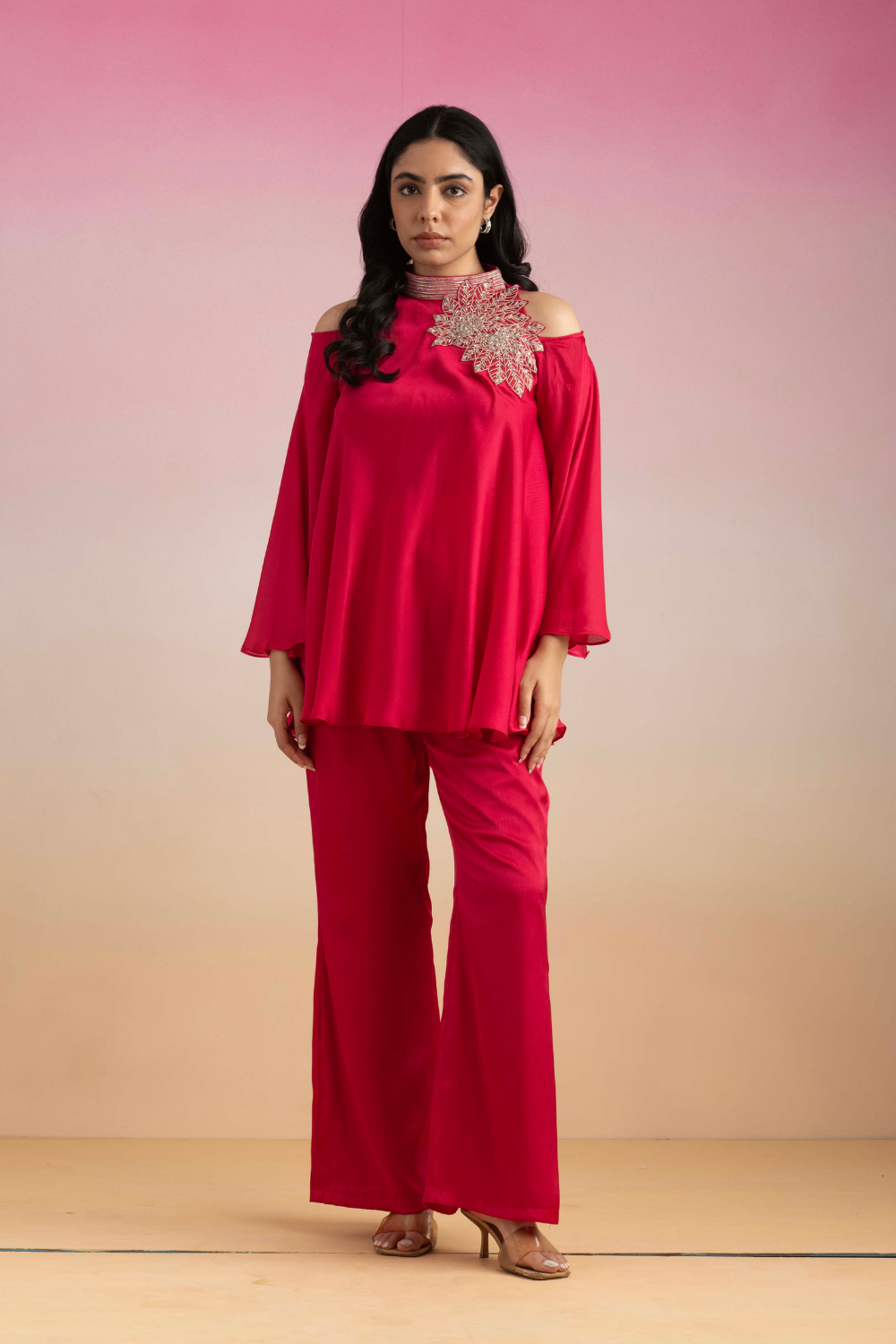 Rani Pink Khushi Chiffon Co-ord Set - Flared Cold Shoulder Style