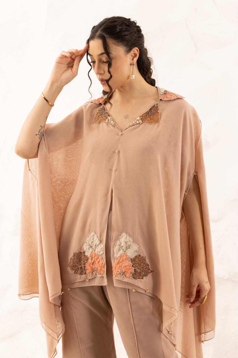 Avni Co-ord Set - Elegant Georgette Embroidered Cape and Flared Pants
