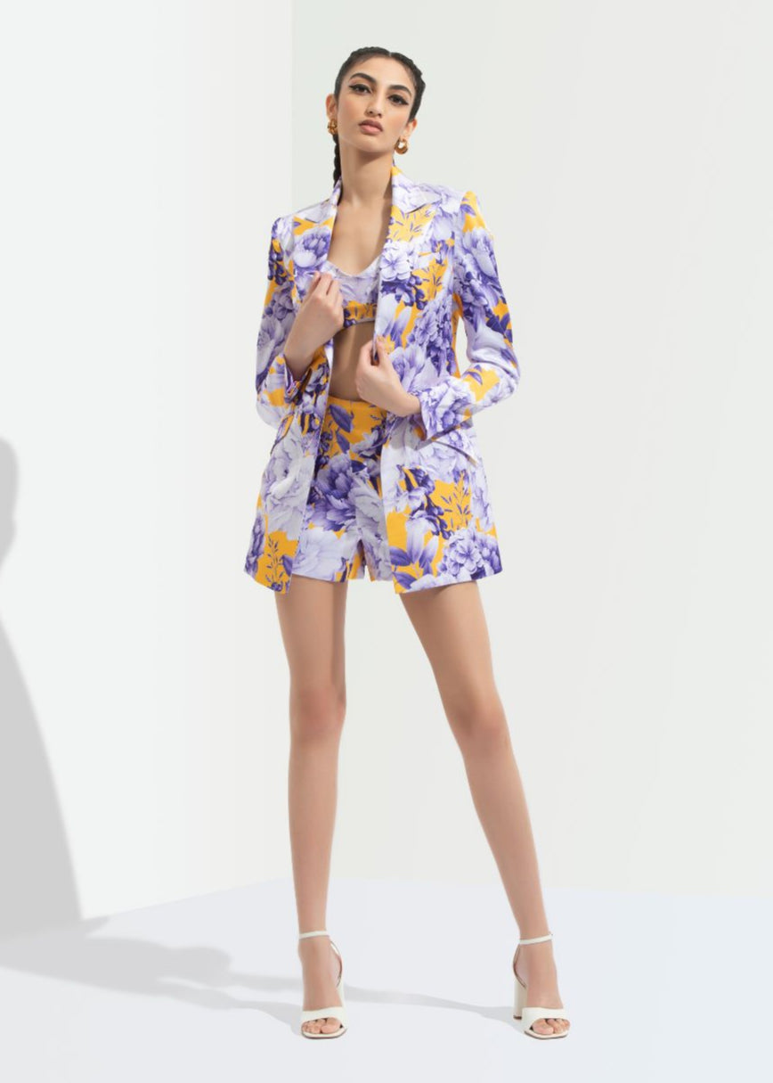 Sumire Printed Jacket Paired With Bustier And Shorts