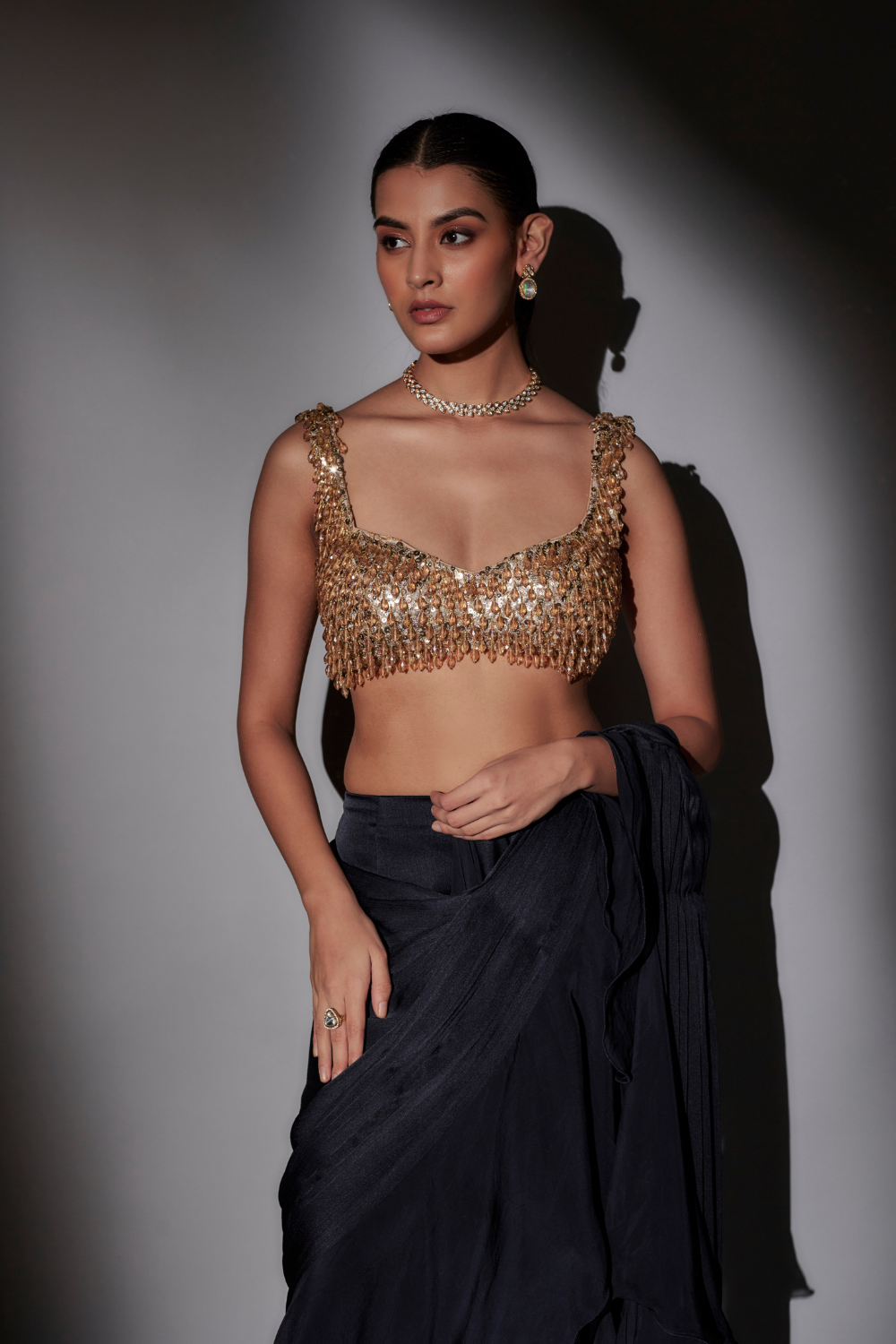 Navy Blue Shaina Pre-Draped Saree with Crystal Blouse